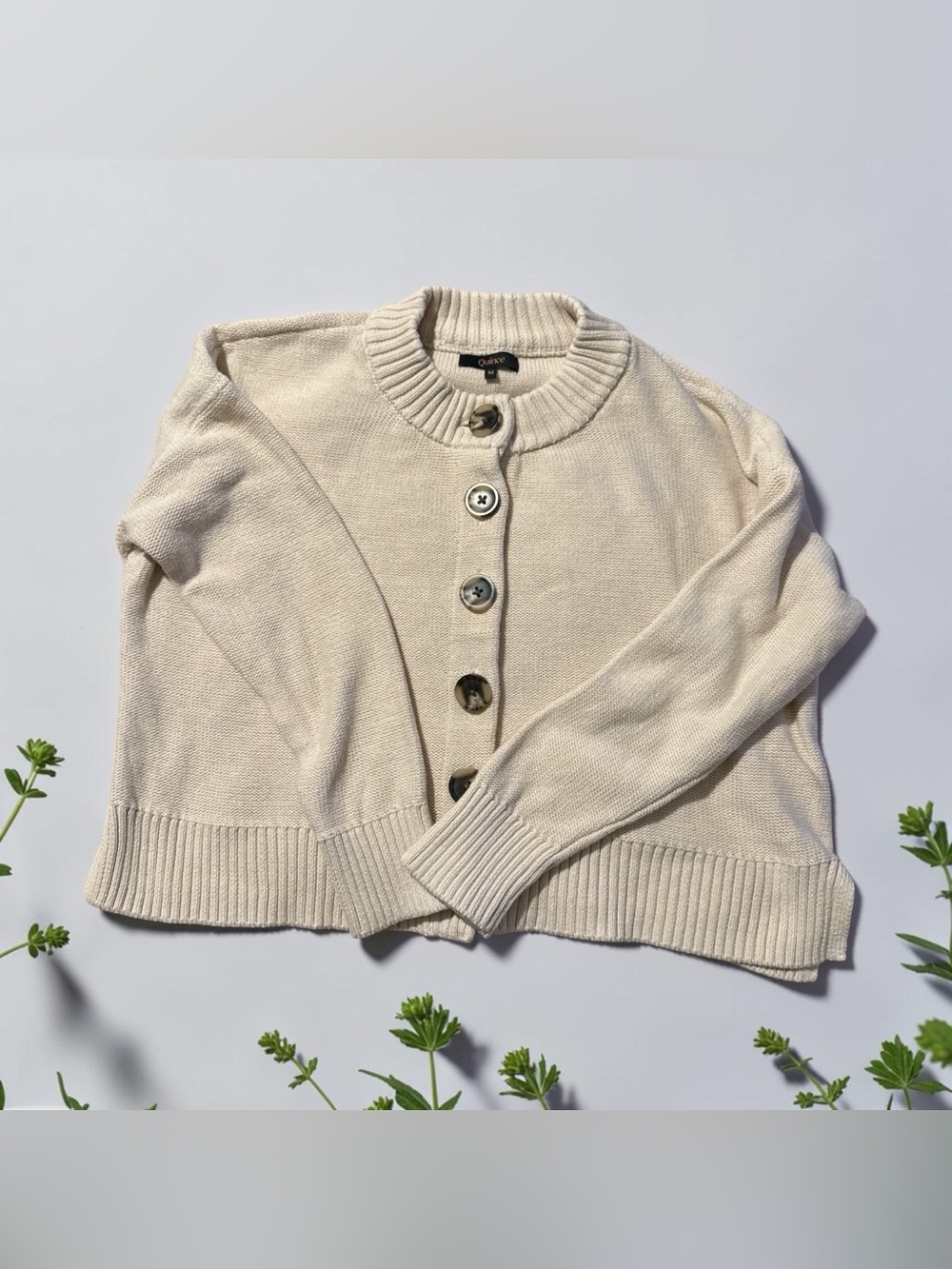 (Q4) Quince 100% Organic Cotton Fisherman Boxy Cropped Cardigan Cream M